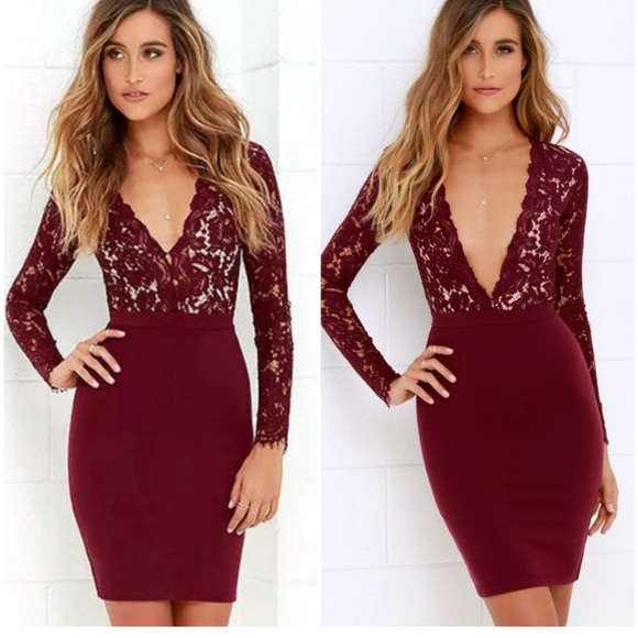 Lulus Dresses & Skirts - Lulu’s Maroon Lace Long Sleeve Dress Size Small